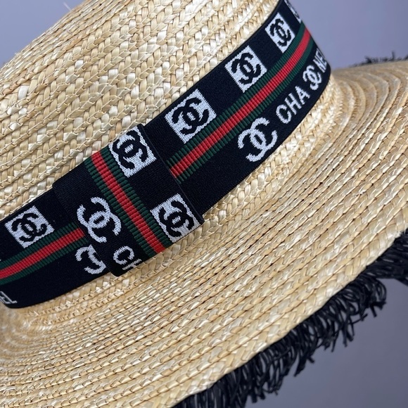 CHANEL Woven Hat with Black and Red Trim - Picture 2 of 6